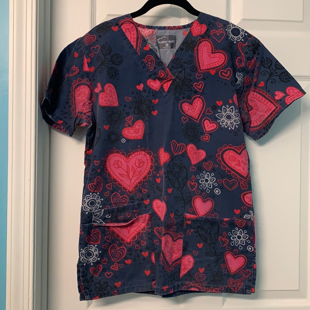 Valentine’s Day scrub top; heart scrub top